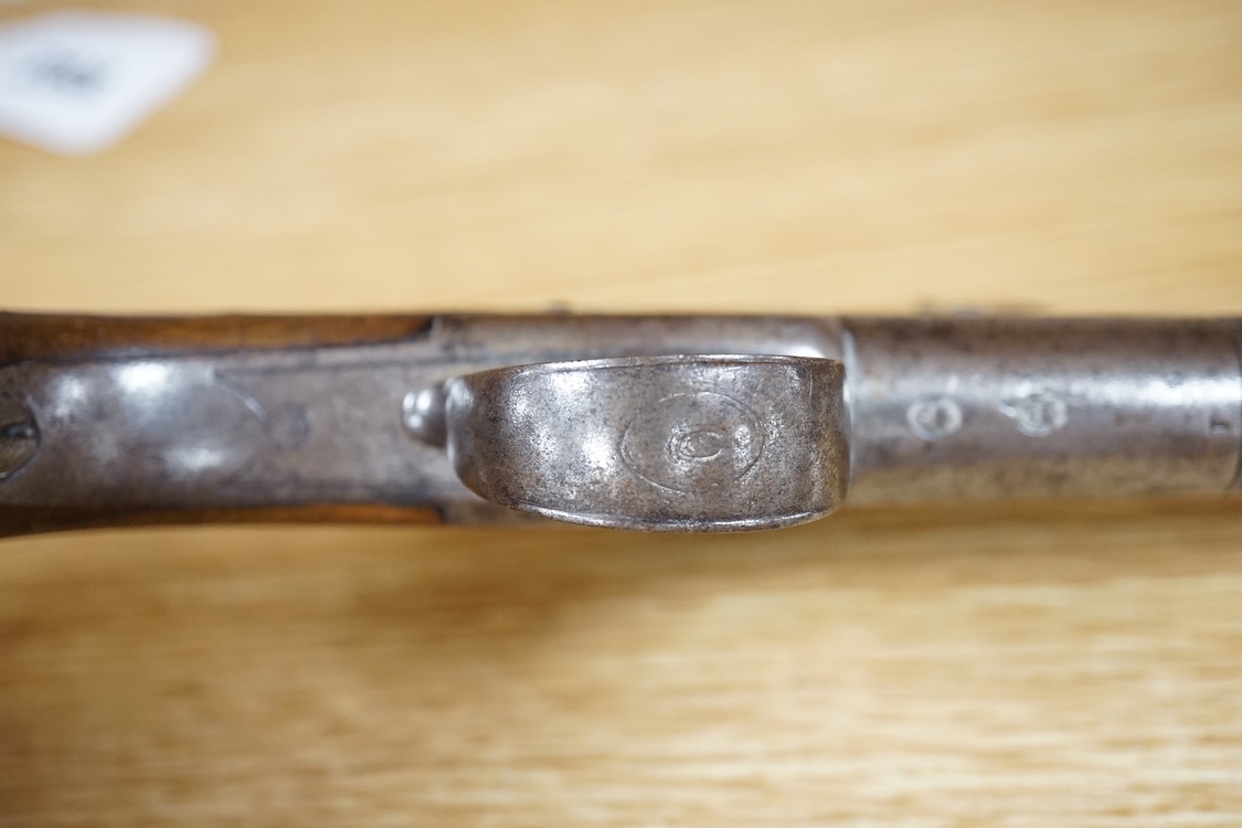 A Queen Anne style box lock flintlock travelling pistol, with turn off cannon barrel, 6cm, frame engraved; T. Lane, sliding trigger guard safety, rounded walnut grip with silver wire inlay and grotesque silver butt cap (